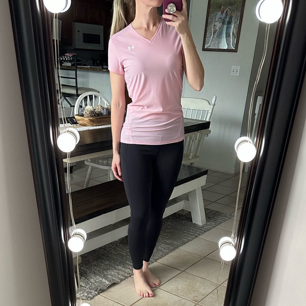 Under Armour Heat Gear Pink V Neck Fitted Compression Short Sleeve Tee Top